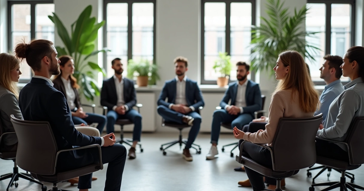 Grupo de profesionales sentados en círculo en una sala de trabajo practicando meditación guiada
