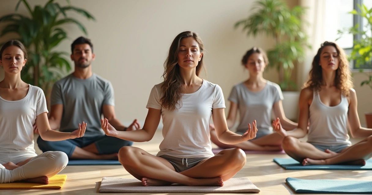 Grupo de pessoas praticando meditação em posições sentadas e em cadeira 