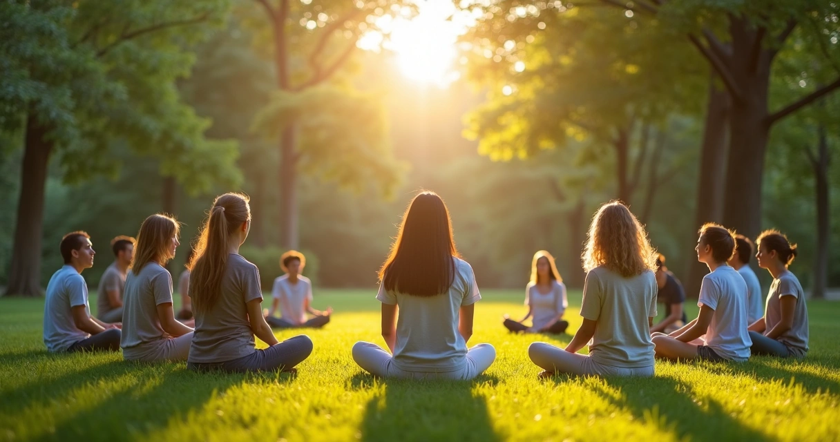 Grupo de pessoas meditando ao ar livre em círculo. Natureza ao redor com árvores e gramado verde. 