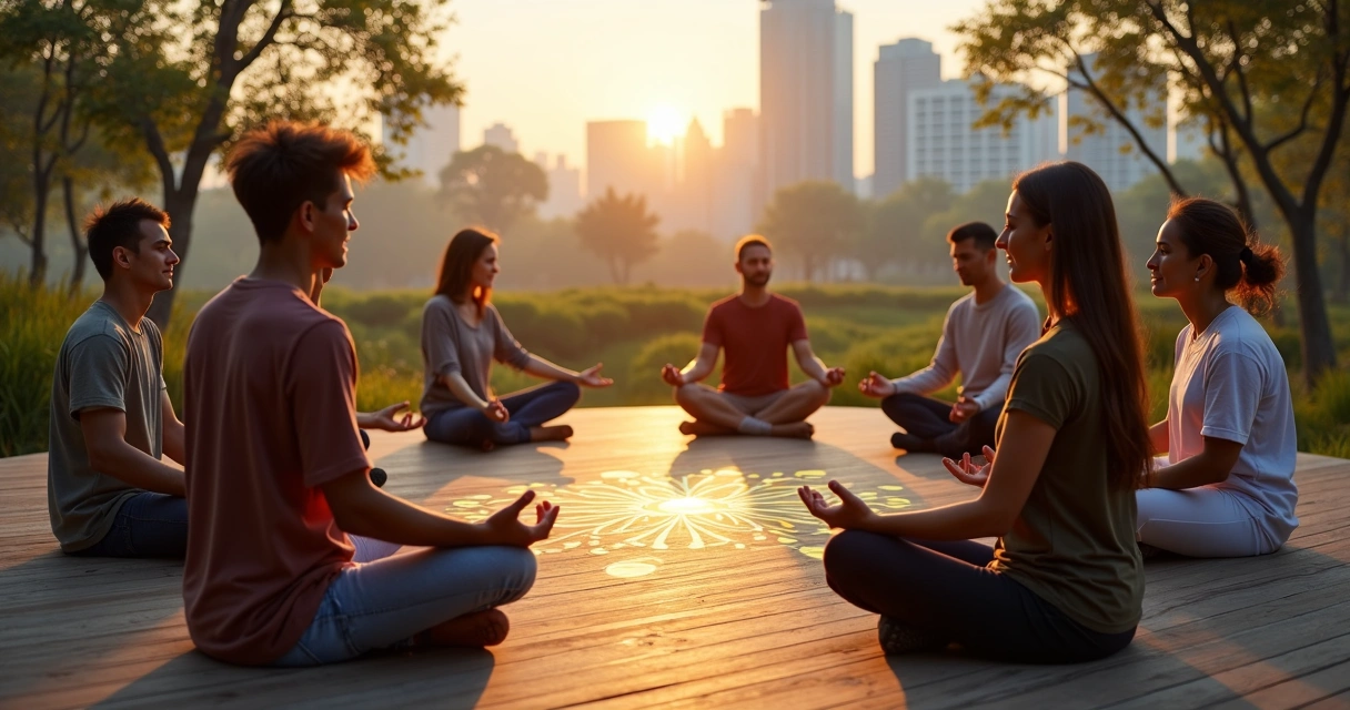 Grupo diverso em círculo meditando ao ar livre com luz suave ao amanhecer 