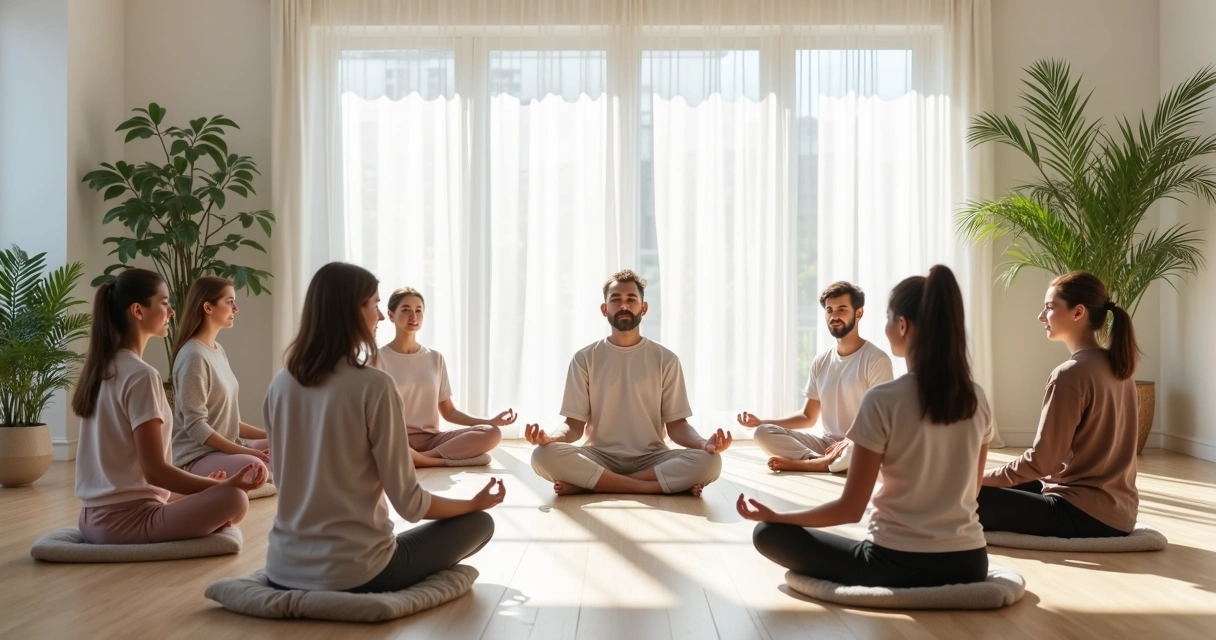 Grupo em círculo praticando meditação em sala clara 