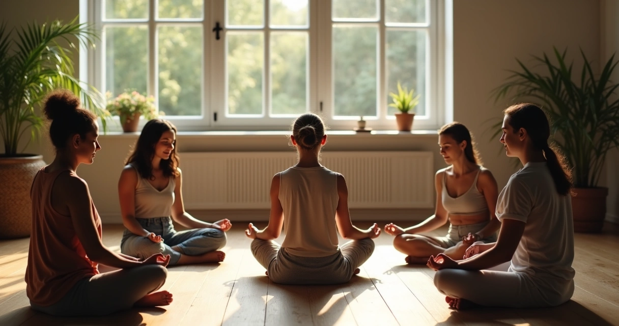 Grupo pequeno sentado em roda praticando meditação em ambiente calmo 