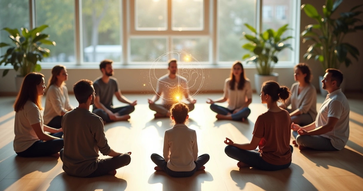 Pessoas em círculo meditando em grupo com conexão entre mente e coração 