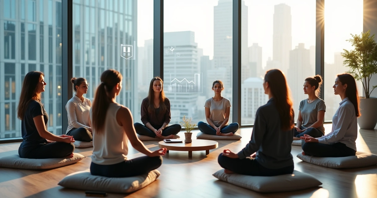 Grupo diverso de profissionais meditando em círculo em sala de reunião moderna 