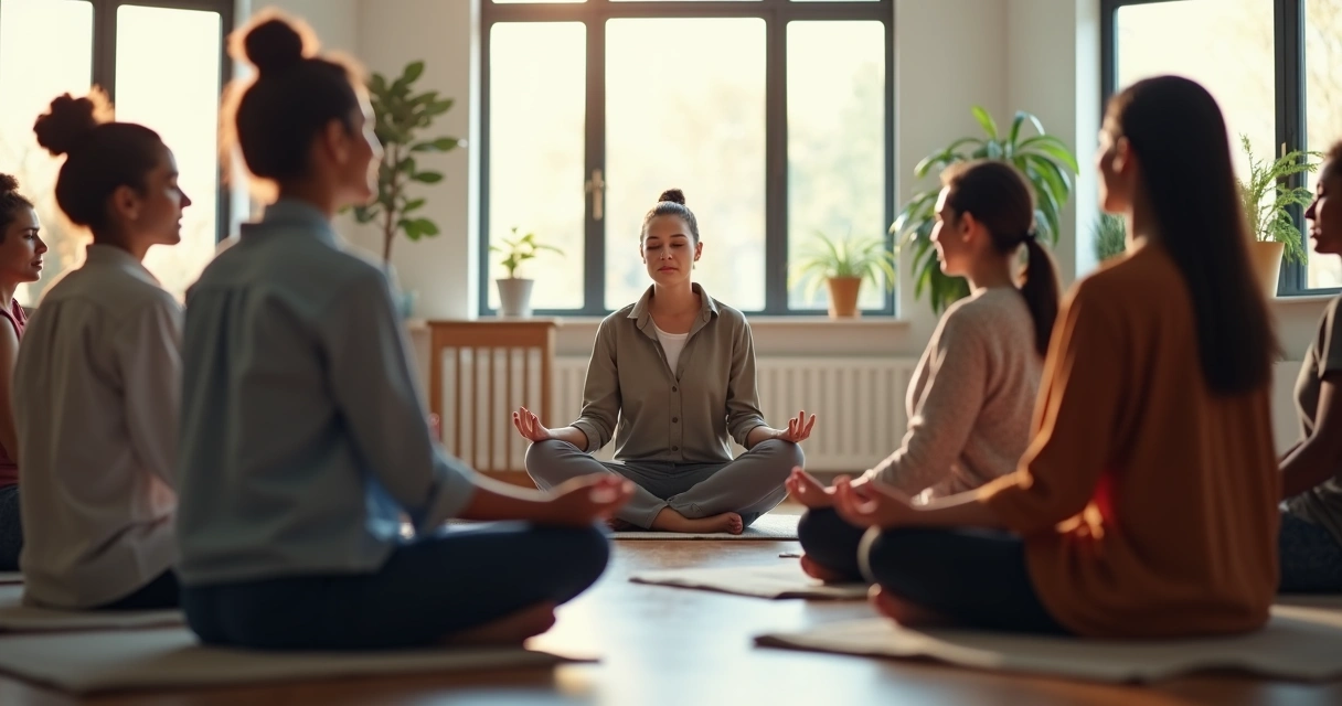 Grupo de pessoas sentadas em círculo praticando meditação em ambiente de trabalho 