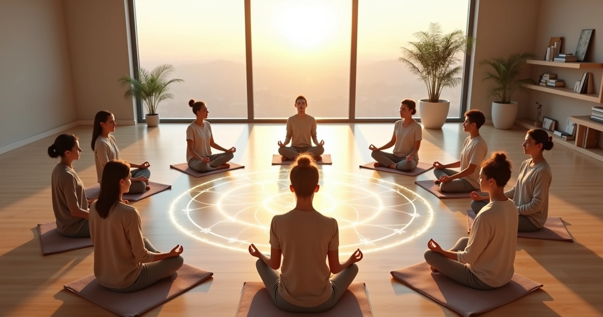 Grupo meditando em círculo com formas interligadas projetadas no chão 