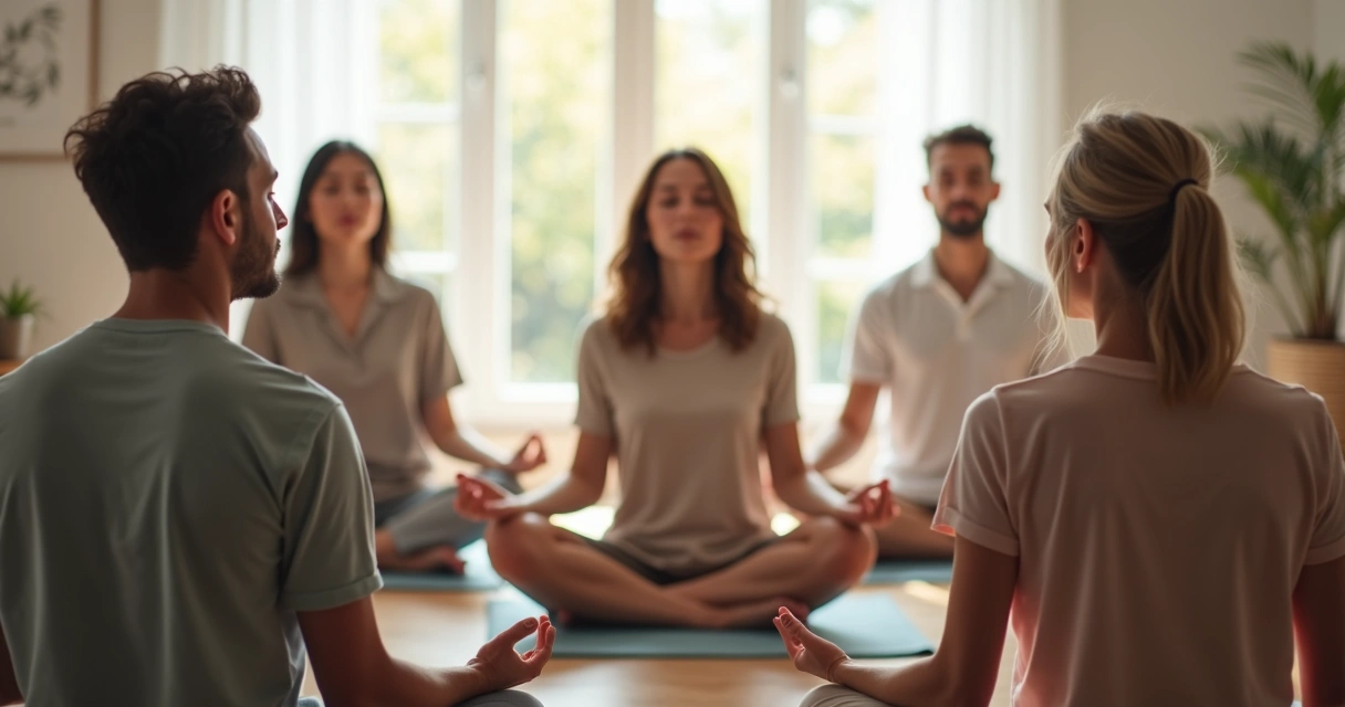 Pessoas sentadas em círculo, olhos fechados, em silêncio, praticando mindfulness