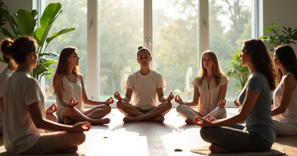 Pessoas diversas sentadas em círculo meditando em ambiente moderno 