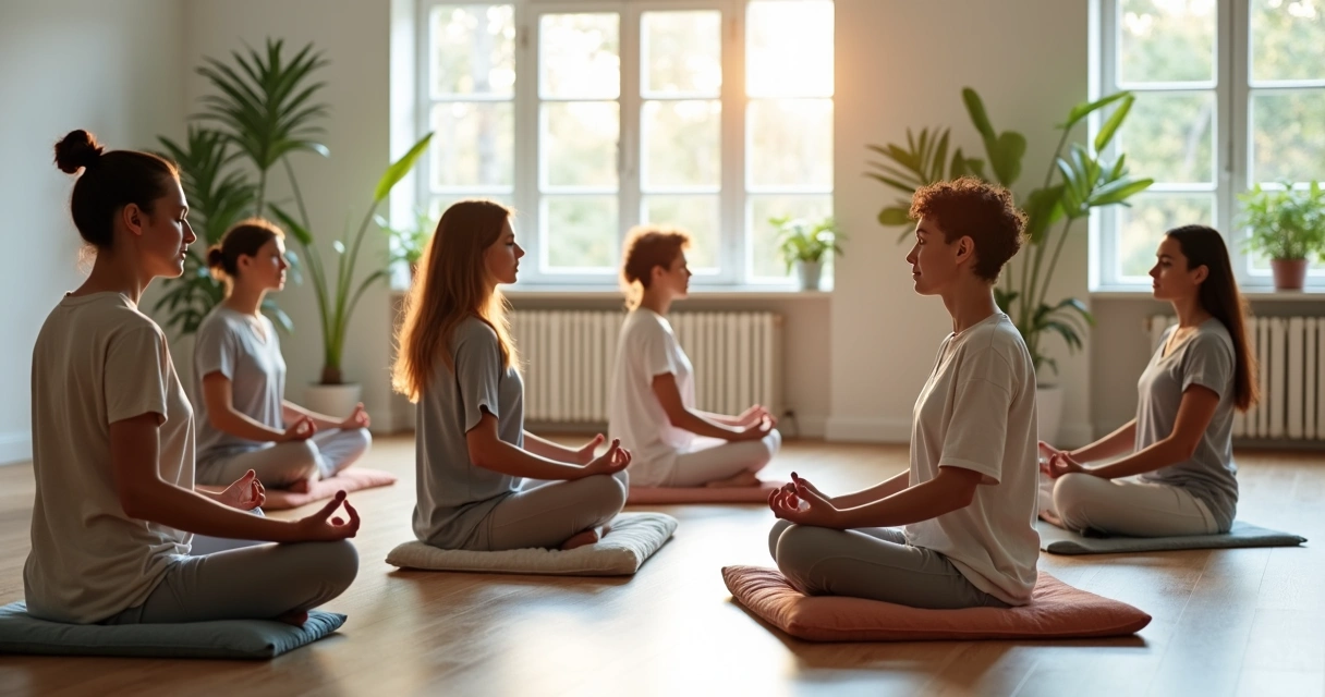 Pessoas praticando meditação mindfulness em grupo em um ambiente moderno 