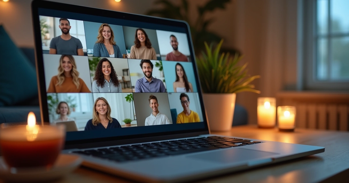 Pessoas em meditação online em telas conectadas 