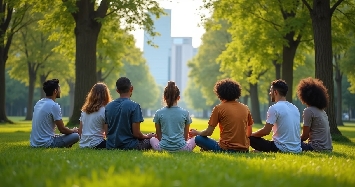 Grupo de pessoas meditando juntas em círculo em um parque arborizado.