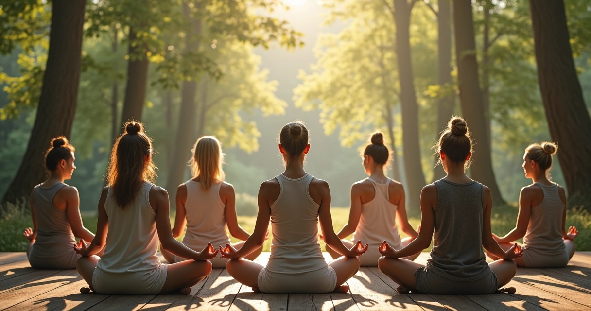 Grupo de pessoas sentadas em círculo meditando juntos ao ar livre 