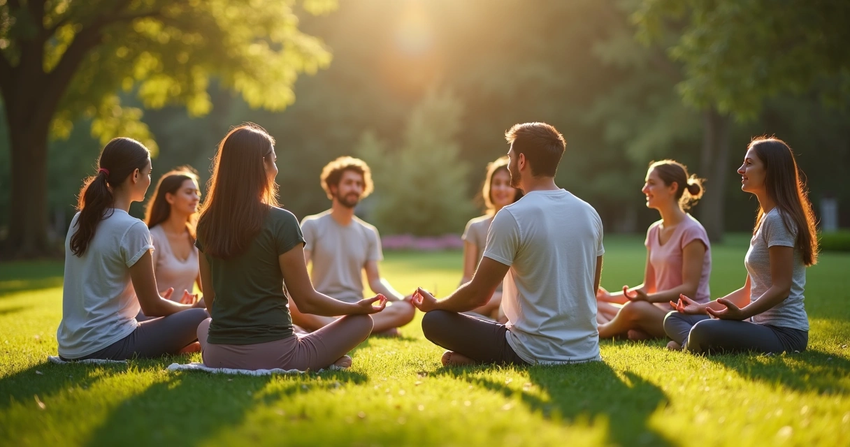 Grupo de pessoas praticando Reiki em círculo ao ar livre 