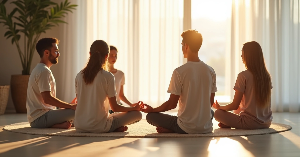 Pequeno grupo sentado formando círculo, meditando em ambiente claro, expressão tranquila e postura relaxada, sensação de conexão coletiva 