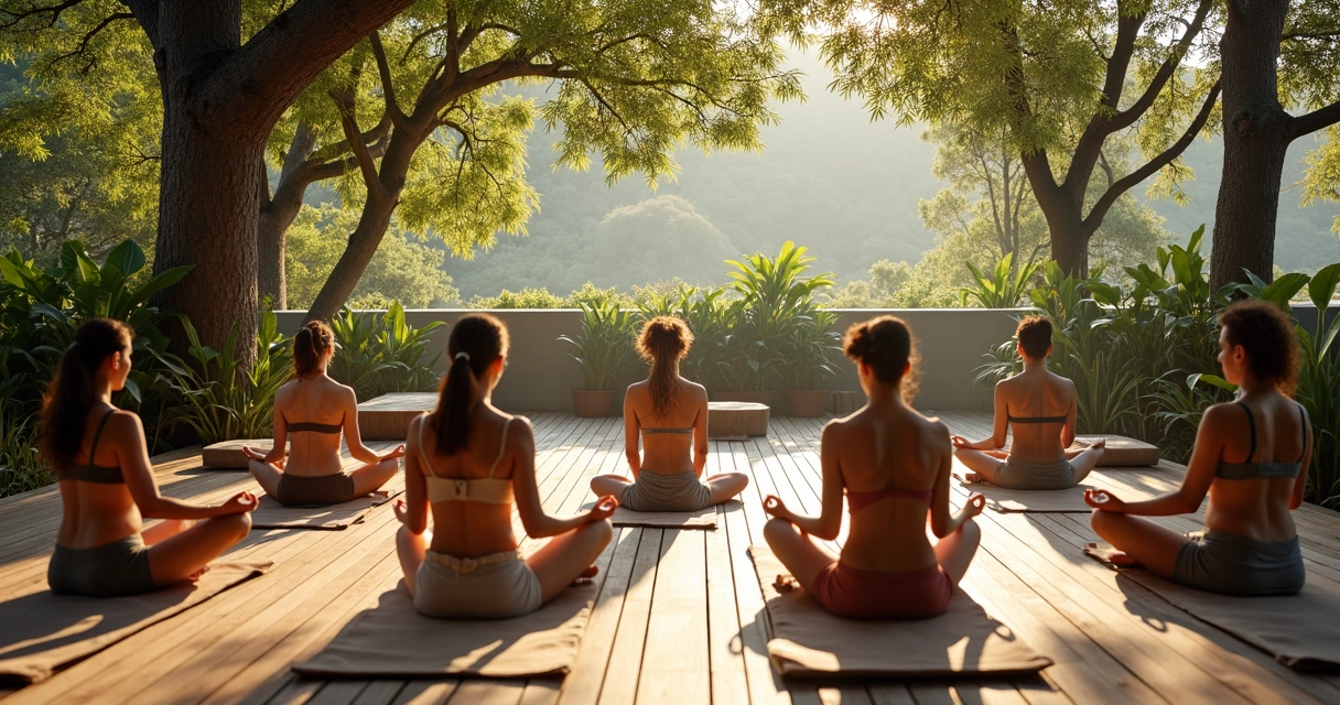 Grupo praticando meditação em deck de spa com árvores ao redor 