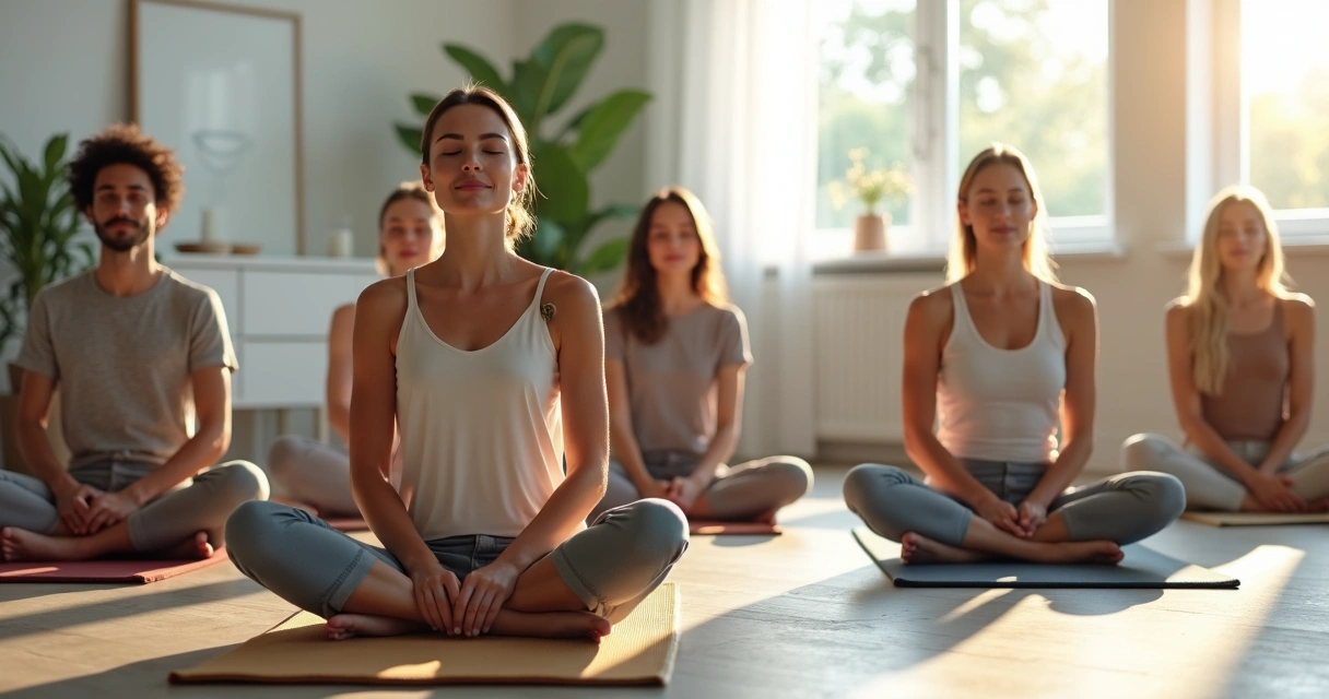 Pessoas em grupo praticando meditação em sala clara 