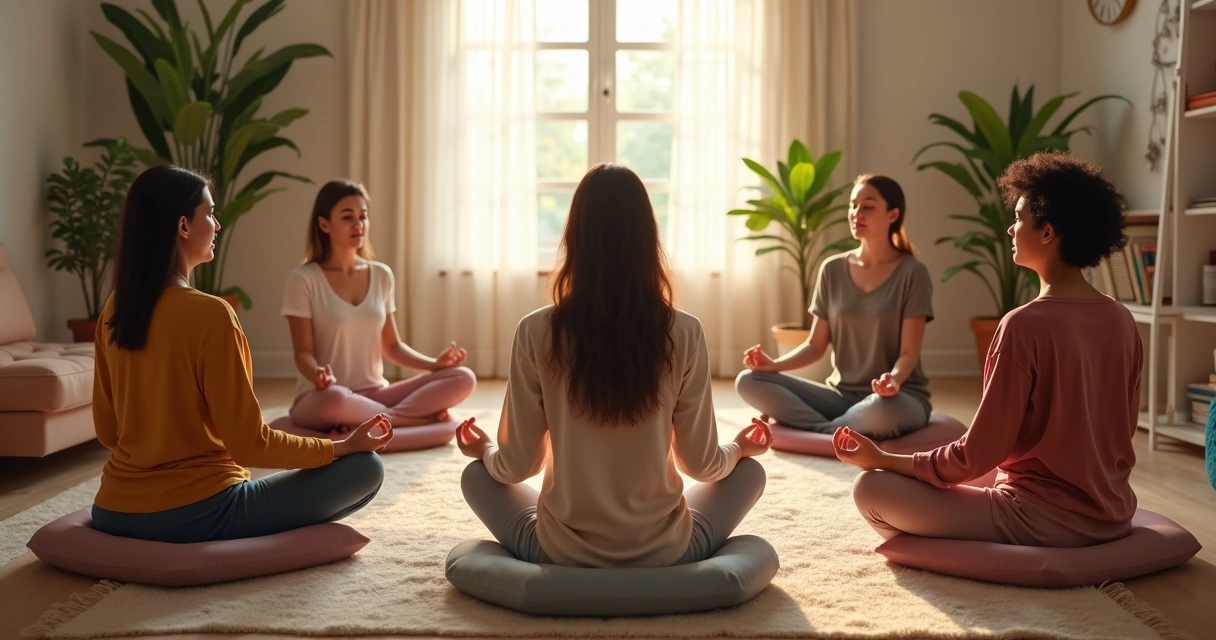 Pequeno grupo de pessoas meditando sentadas em círculo com ambiente acolhedor 