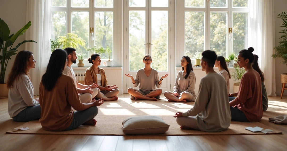 Grupo diverso meditando en círculo