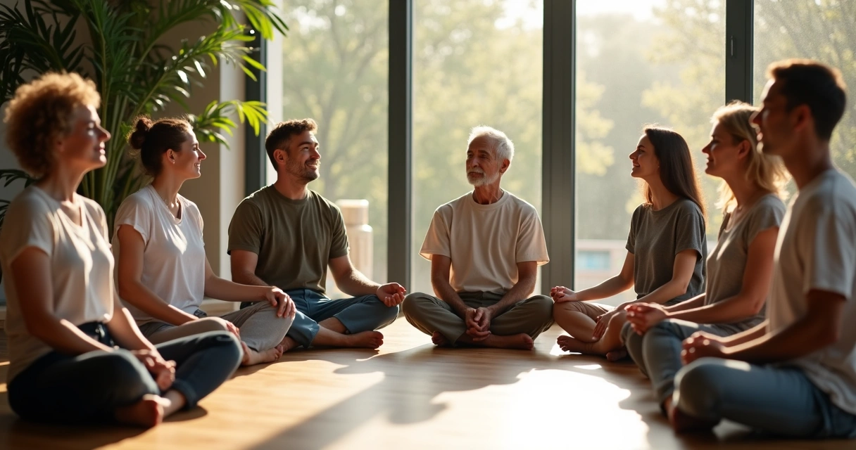 Grupo de personas sentadas en círculo meditando juntos 