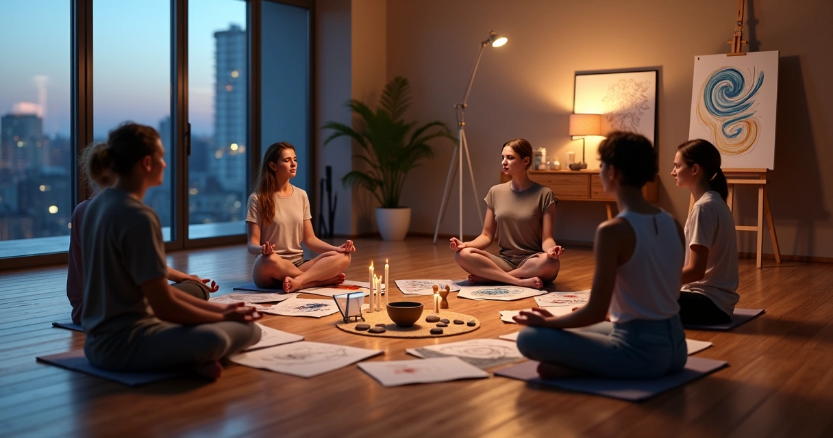 Grupo diverso meditando en círculo con bocetos y colores alrededor 