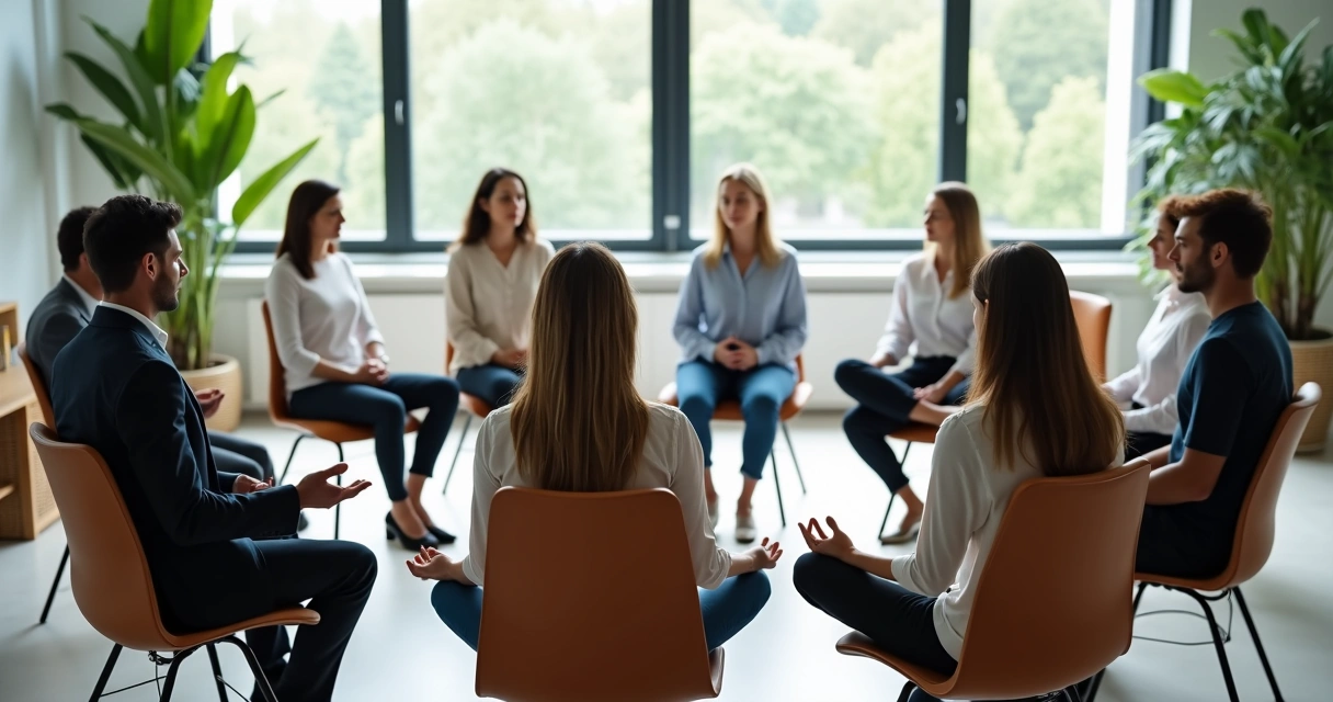 Grupo de profesionales meditando juntos en un entorno empresarial 