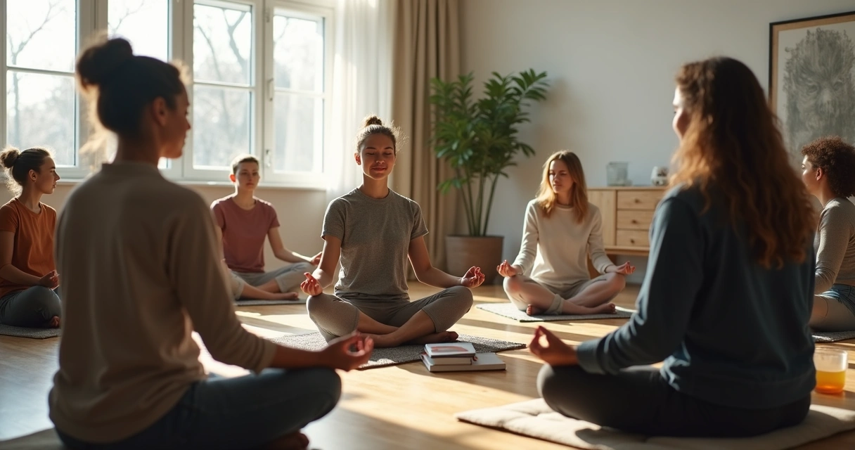 Grupo en silencio sentado en círculo durante una práctica de meditación 
