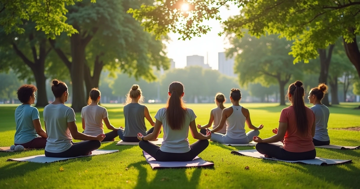 Grupo de pessoas sentadas em roda praticando meditação em parque arborizado 
