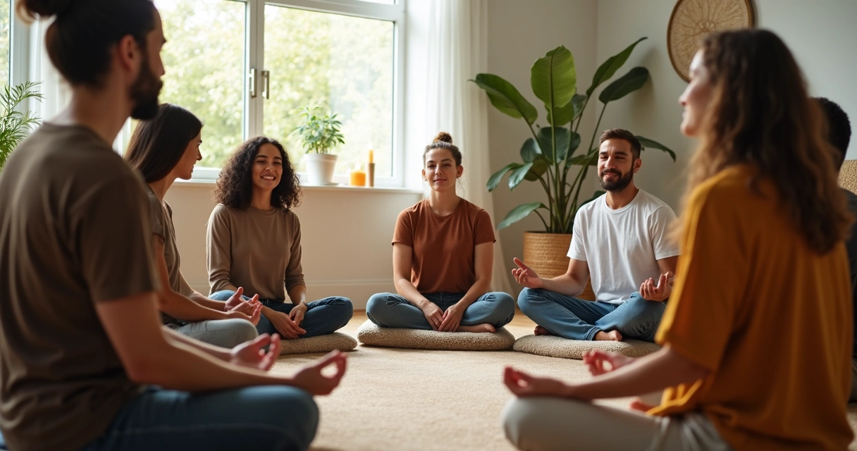 Grupo de pessoas sentadas em círculo em ambiente tranquilo durante meditação 