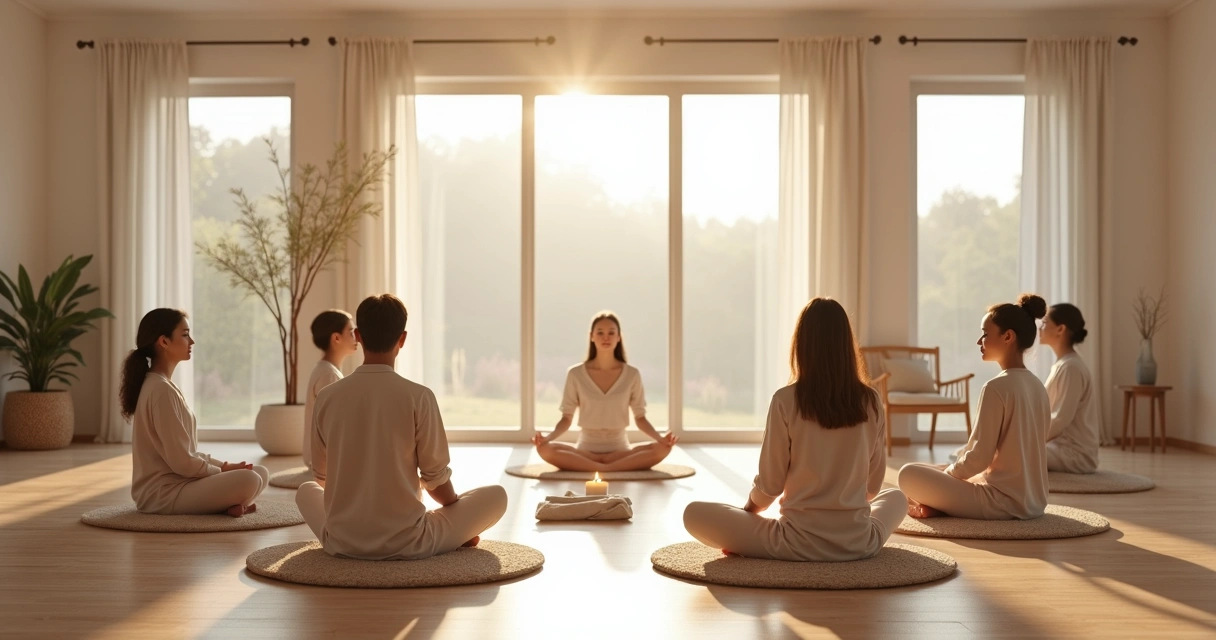 Grupo sentado en círculo meditando en una sala serena