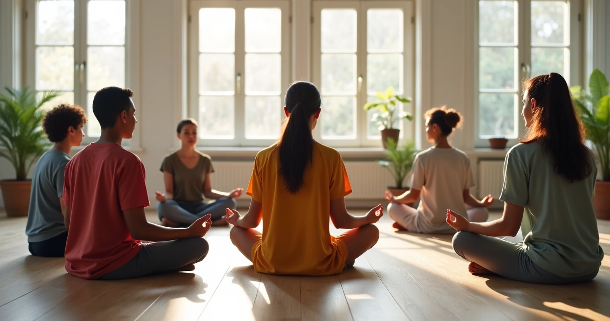 Grupo de pessoas sentadas em roda praticando meditação, luz natural e roupas coloridas