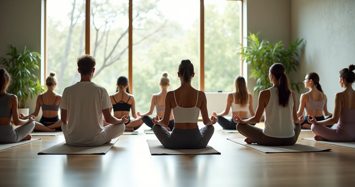 Varias personas meditando juntas en una sala moderna