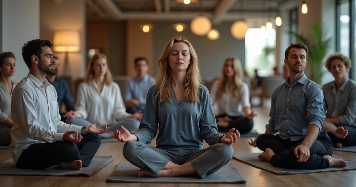 Grupo de pessoas sentadas em círculo em sala de empresa meditando 