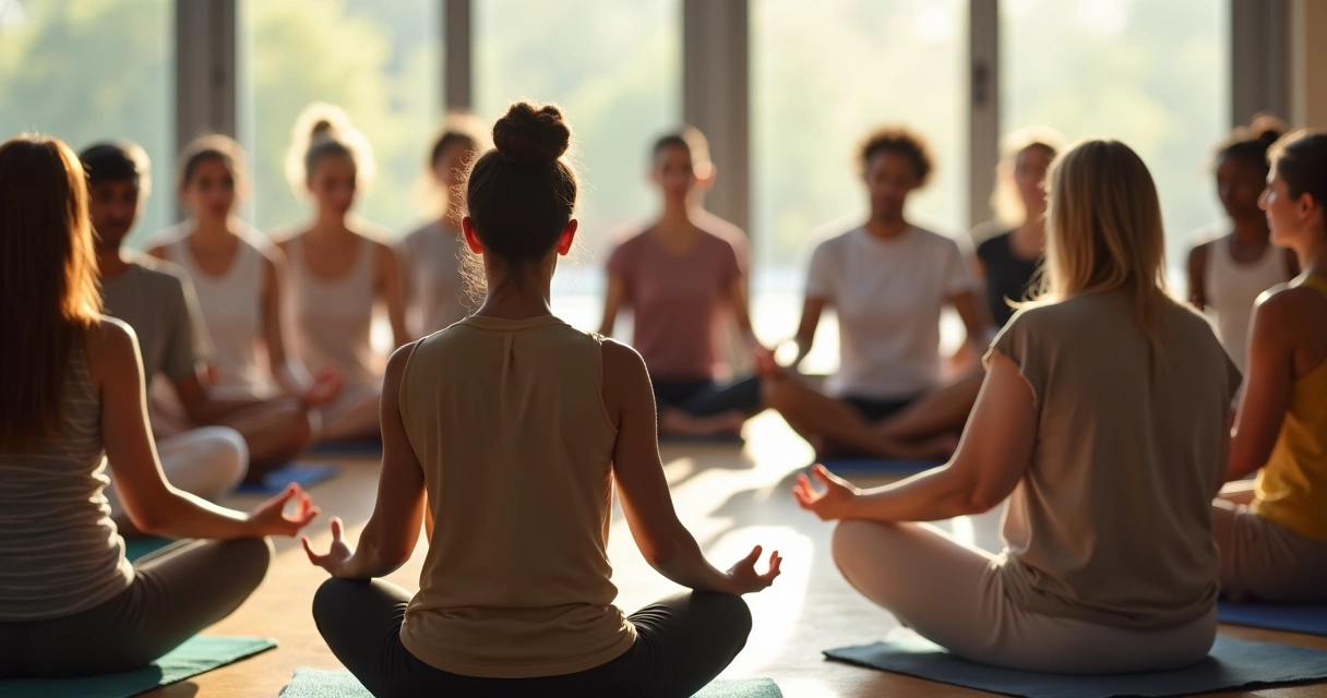 Grupo de pessoas sentadas em círculo praticando meditação guiada em ambiente claro e acolhedor