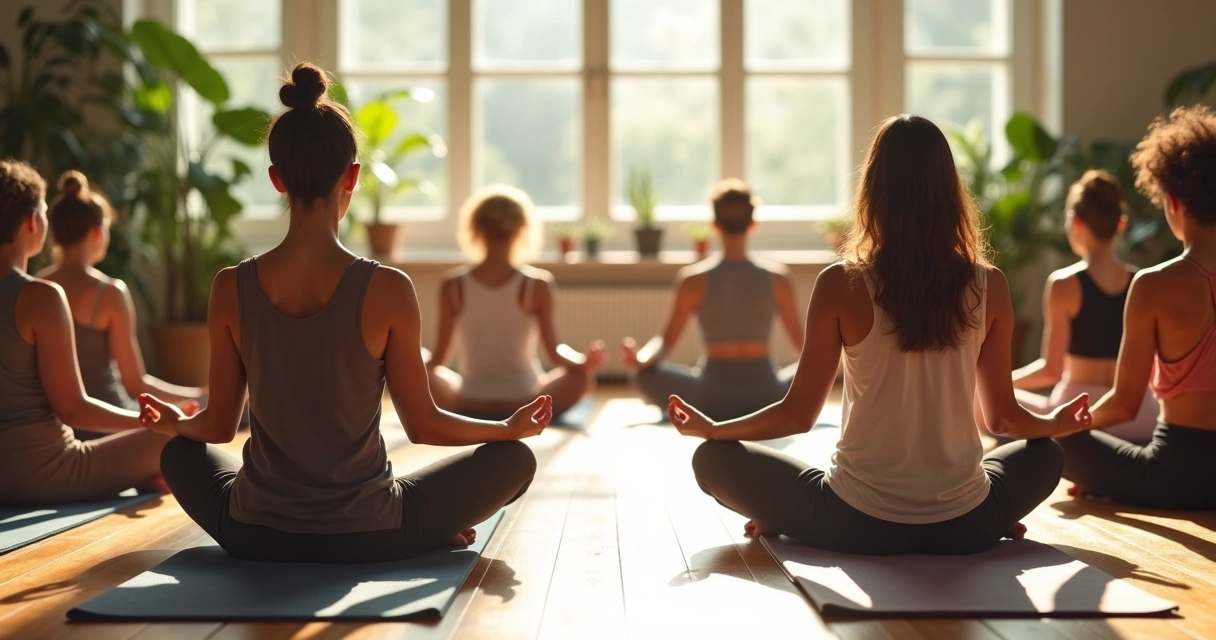 Grupo de pessoas sentadas em círculo meditando 