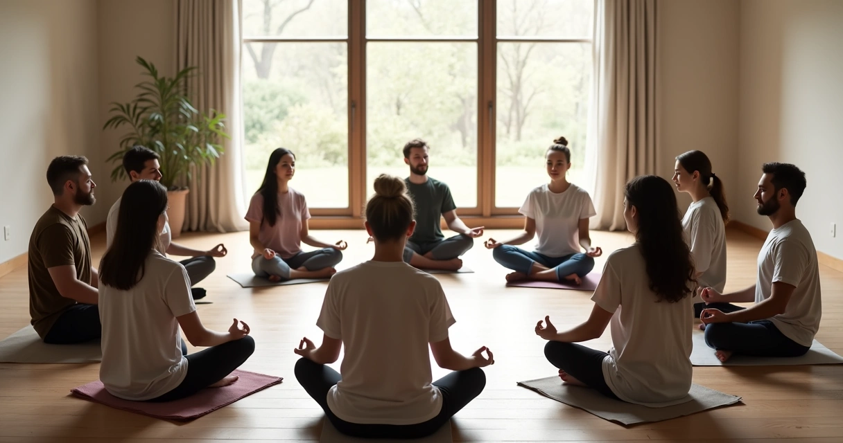 Grupo de pessoas meditando em círculo com luz natural 