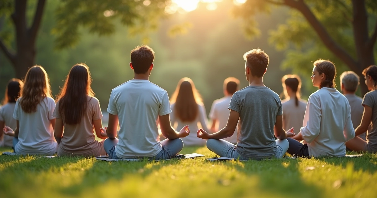 Grupo de pessoas meditando ao ar livre em círculo 