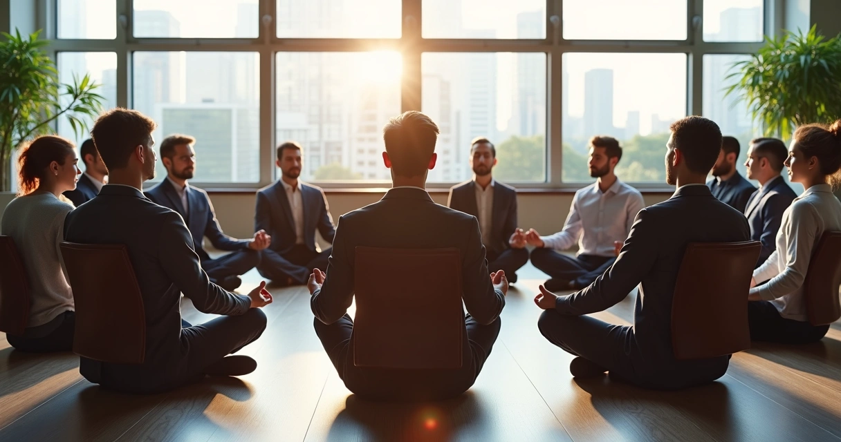 Grupo de personas medita en una sala de oficinas 