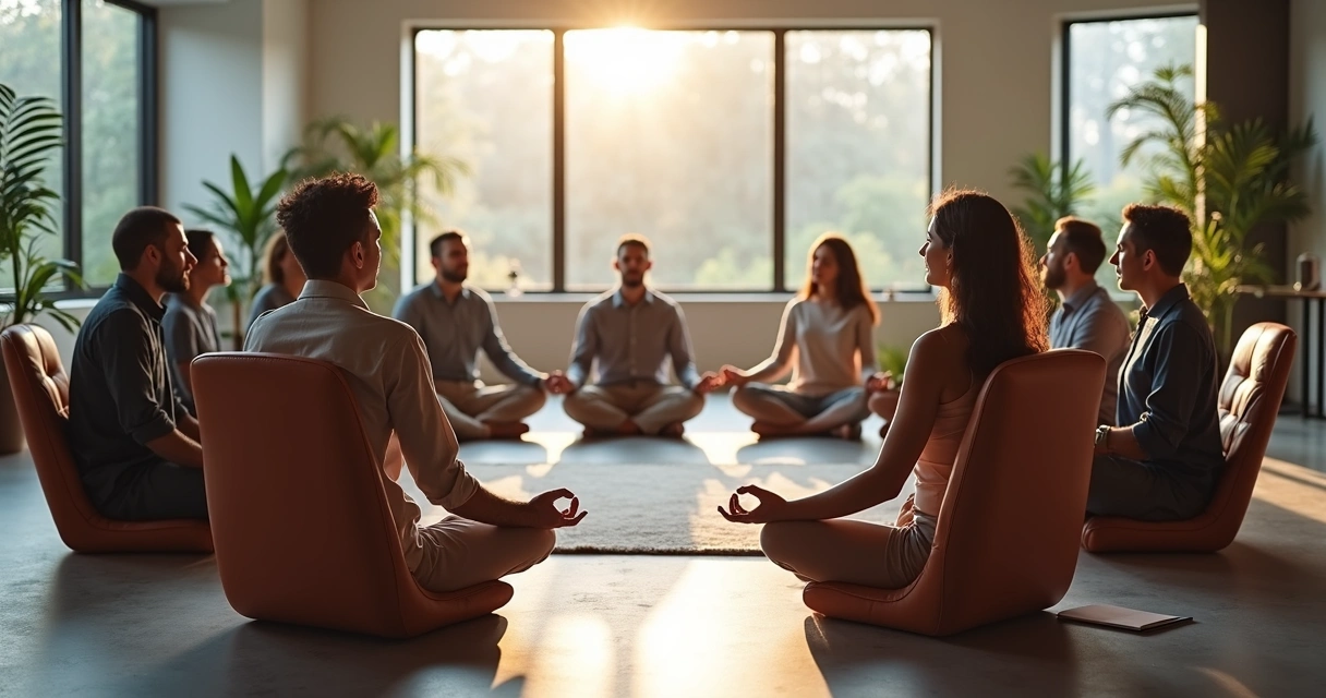 Grupo de pessoas meditando sentado em círculo em sala de reunião 