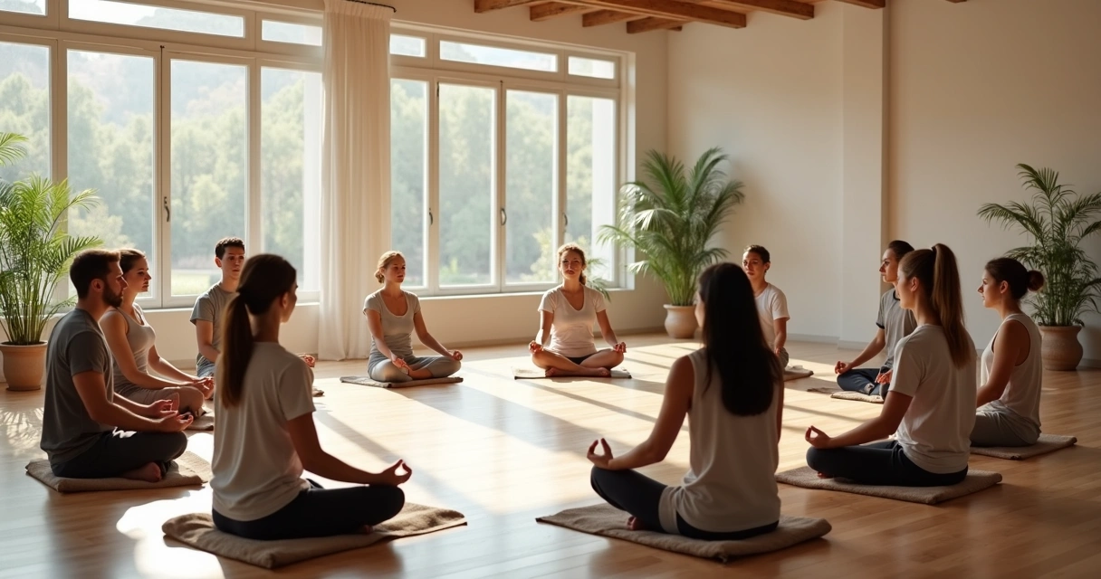 Grupo de pessoas sentadas em círculo meditando em sala iluminada 
