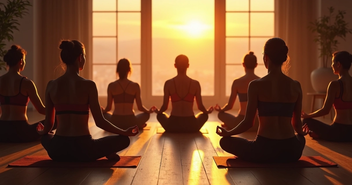 Grupo de pessoas sentadas em círculo meditando em uma sala iluminada ao entardecer