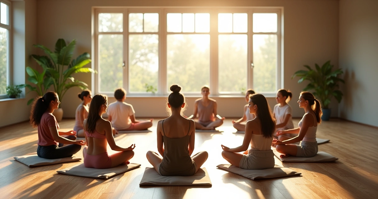 Grupo de pessoas sentadas em círculo meditando em uma sala