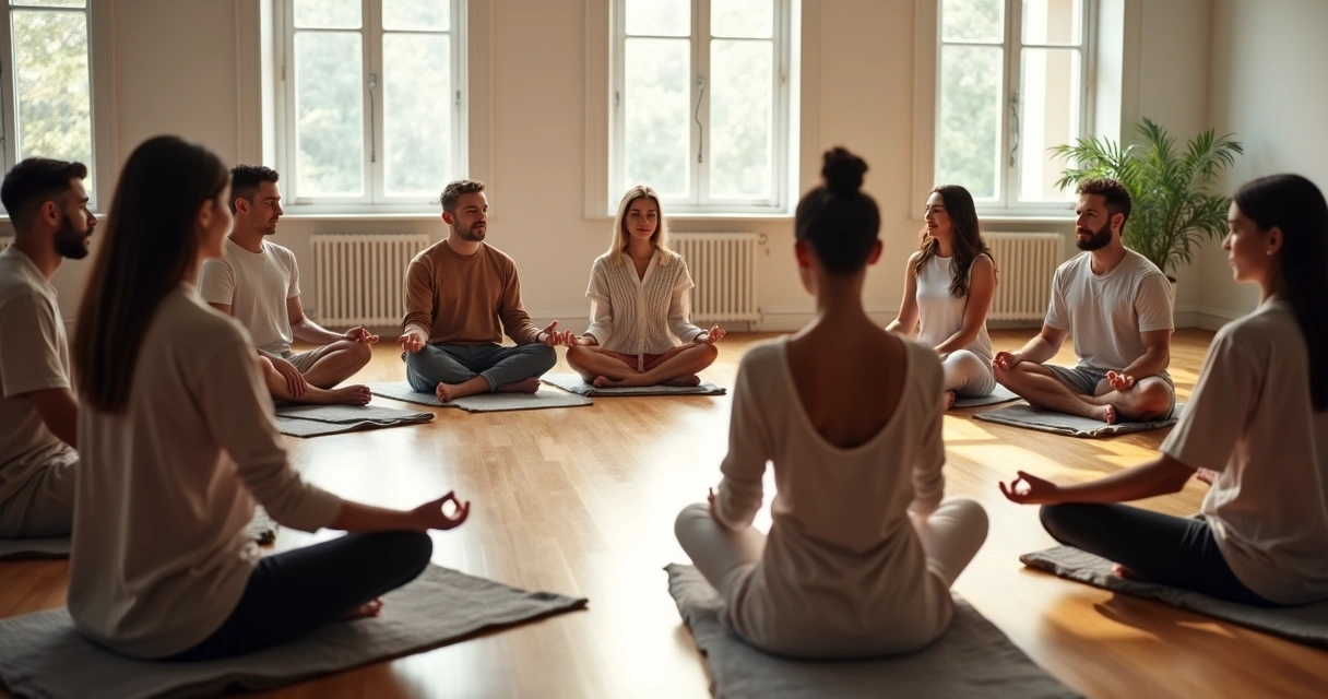 Grupo de personas meditando sentadas en círculo en una sala iluminada 