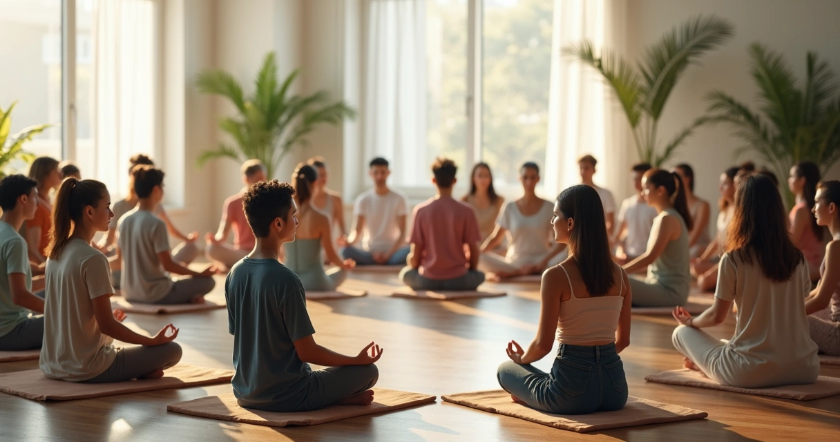 Pessoas sentadas em círculo meditando em uma sala ampla