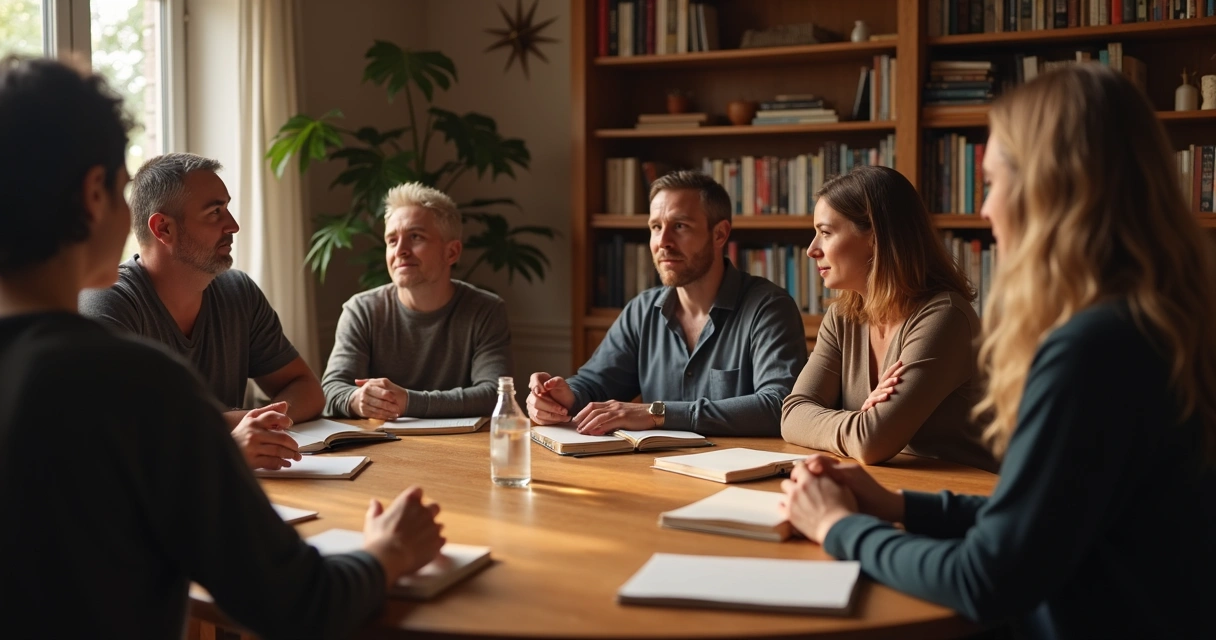 Grupo de pessoas reunidas ao redor de uma mesa em reunião mediúnica espírita 