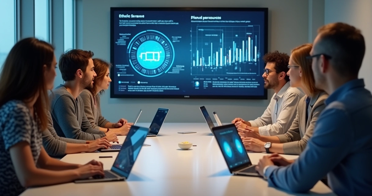 Grupo de pessoas em volta de uma mesa, discutindo uso ético da tecnologia 