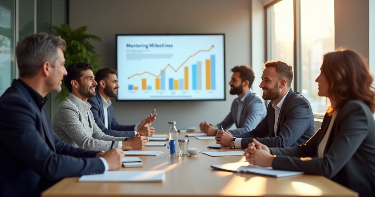 Grupo de mentorados em reunião colaborativa