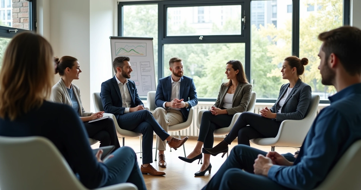 Grupo de mentores conversando em círculo numa sala ampla 