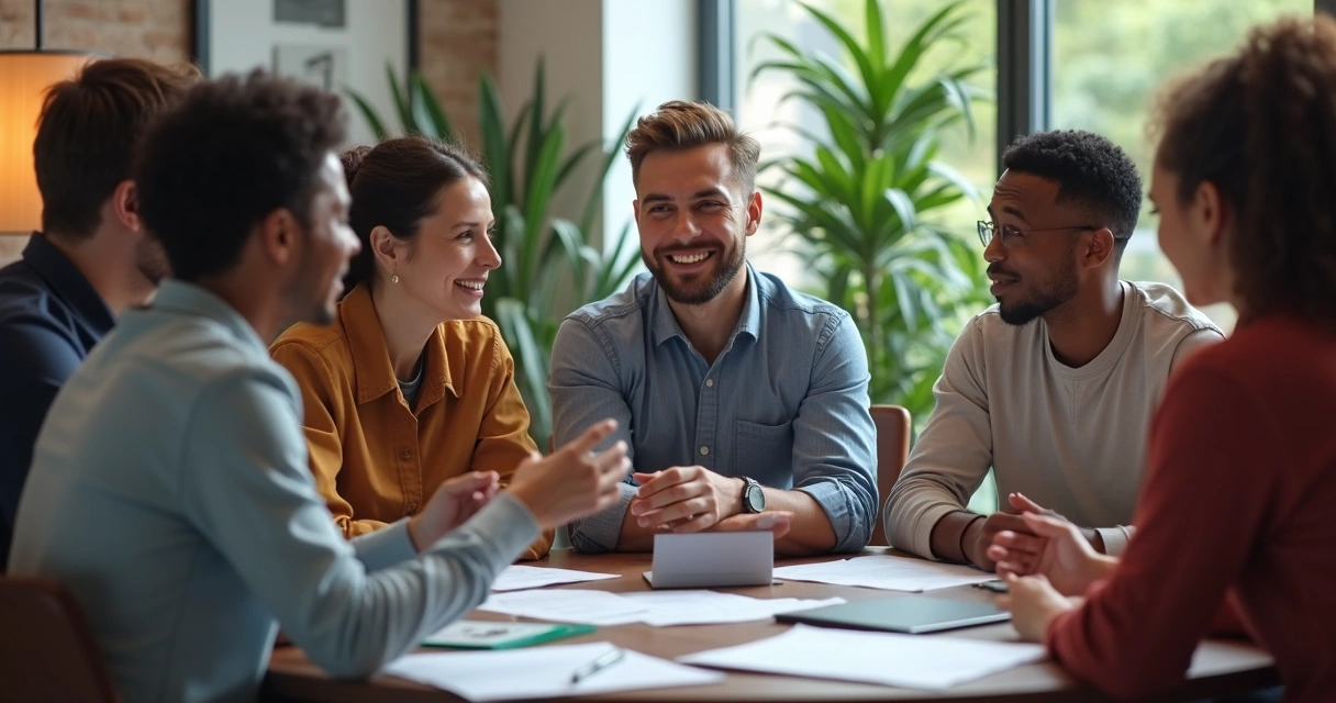 Grupo sentado em círculo discutindo desenvolvimento pessoal em ambiente moderno