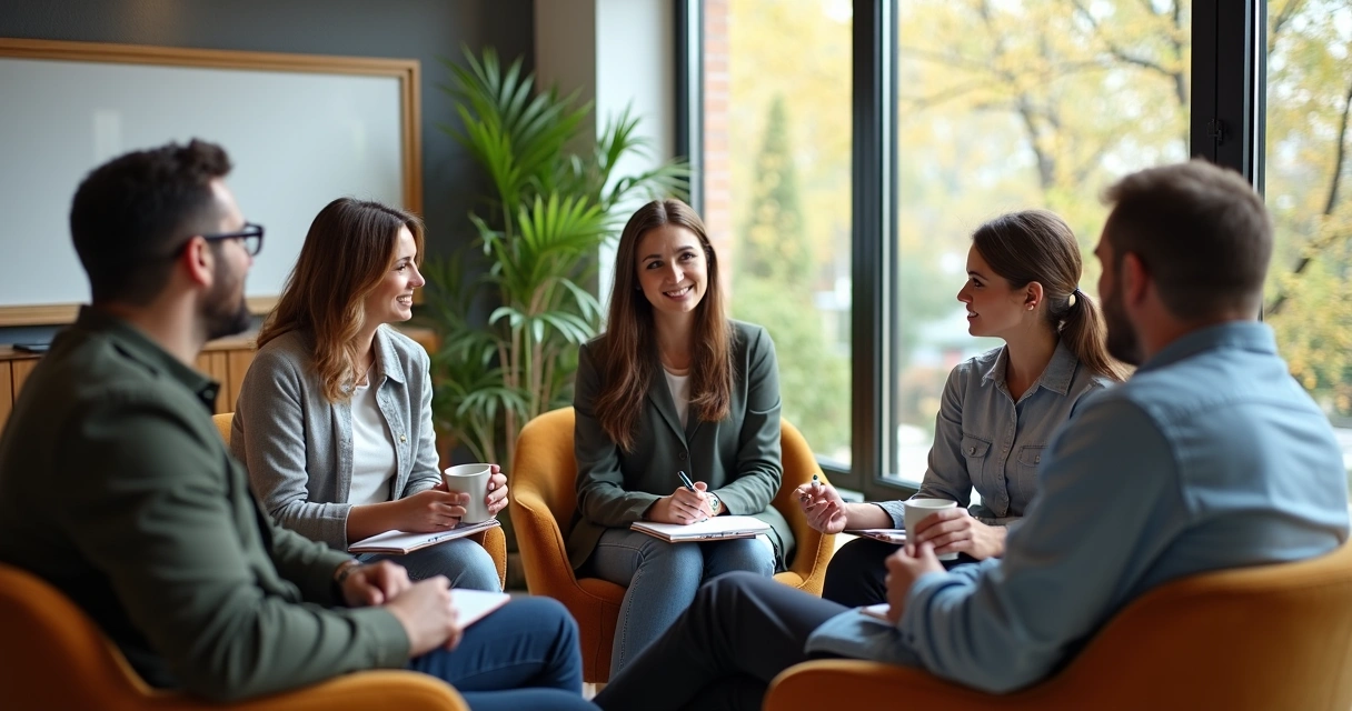 Grupo reunido em mentoria financeira, consultores conversando em círculo. 