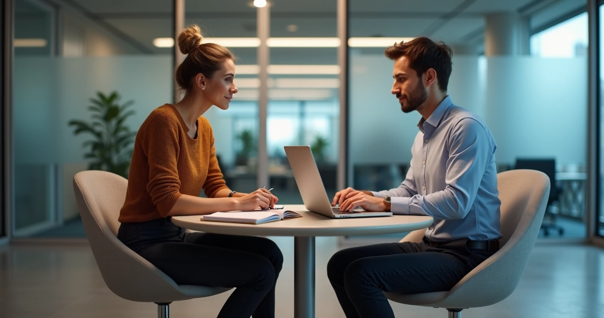 Mentoria interna entre dois funcionários em ambiente corporativo 